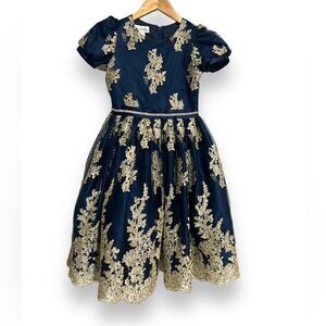 Chasing Fireflies | Blue/Gold Embroidered Party Flower Girl Dress Size 10